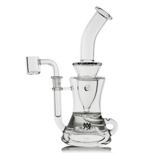The MJ Arsenal Bloopcycler Dab Rig is a clear glass water pipe with a curved neck, cylindrical chamber, and side attachment for concentrates—designed to enhance your dabbing experience and shown against a white background.