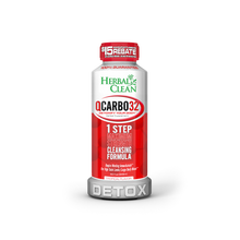 A bottle of QCarbo32 One-Step Same-Day Detox, with a red and white label stating 1 Step Maximum Strength Cleansing Formula and DETOX on the cap, shows a $15 rebate offer featured at the top.