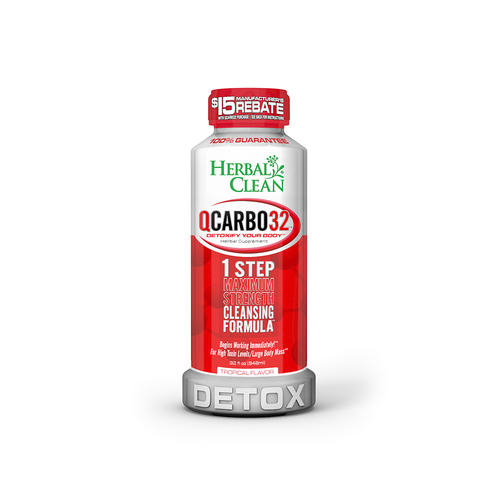 A bottle of QCarbo32 One-Step Same-Day Detox, with a red and white label stating 1 Step Maximum Strength Cleansing Formula and DETOX on the cap, shows a $15 rebate offer featured at the top.