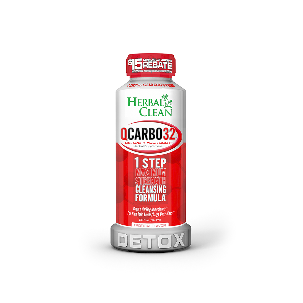 A bottle of QCarbo32 One-Step Same-Day Detox, with a red and white label stating 1 Step Maximum Strength Cleansing Formula and DETOX on the cap, shows a $15 rebate offer featured at the top.