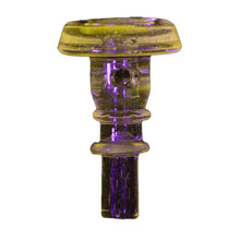 A translucent purple and yellow borosilicate glass Empire Glassworks Peak Pro 3DXL Joystick Cap with a round, flat top, cylindrical base, and small central hole is shown against a plain white background.
