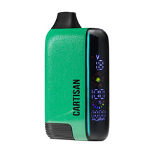 A green Cartisan Veil Bar Pro EVO 510 Thread Battery Vape with a black mouthpiece, digital display screen for settings, and "CARTISAN" printed vertically. Compatible with 510 tanks and has a variable voltage battery.
