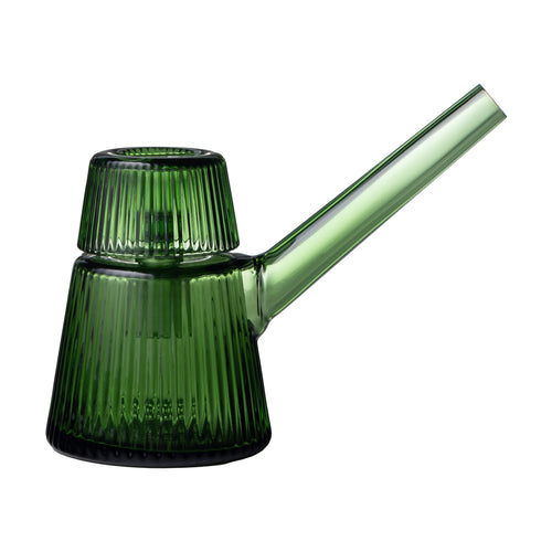 The NWTN Home Deco Bubbler is a green, ribbed watering can featuring a cylindrical body, matching lid, and long angled spout in translucent borosilicate glass. Its modern, minimalist design draws inspiration from classic Art Deco glassware.