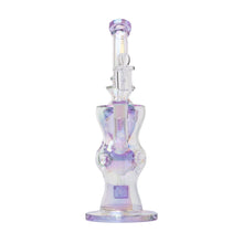 The 11.5" Swiss Incycler Glass Water Pipe features a translucent, iridescent borosilicate design with a flared base, curvy body, and cylindrical neck, showing purple and pink hues against a white background.