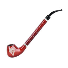 The Lord Of The Rings Pipes feature a long, curved red churchwarden design with a black mouthpiece, silver bands, spiral stem grooves, and a white winged insect motif on the bowl—ideal for fans of Middle-earth.
