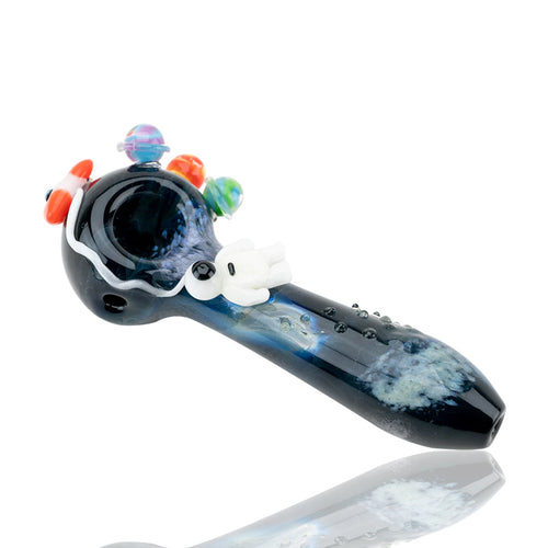 The Empire Glass Works Galactic Dry Pipe is a hand-crafted borosilicate glass pipe with a dark blue and white marbled design, colorful mushroom details, and white snail-like accents, shown on a white background.