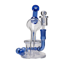 The Human Grade 7.5" Recycler 45 (Triple Marble) Glass Rig Water Pipe is a clear and blue borosilicate piece with a round base, curved neck, and angled mouthpiece, designed for smoking or vaporizing.