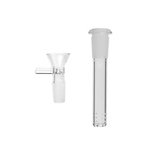 The Human Grade Iridescent Zing Water Pipe includes two clear borosilicate glass accessories: a left-handled bowl and a long downstem on the right, both with frosted joints for secure attachment.