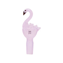 The Human Grade Animal Glass Bowl Slide is a 14mm glass bong bowl shaped like a pink flamingo, featuring a curved neck, black beak, and wing details—perfect for animal bowl enthusiasts.