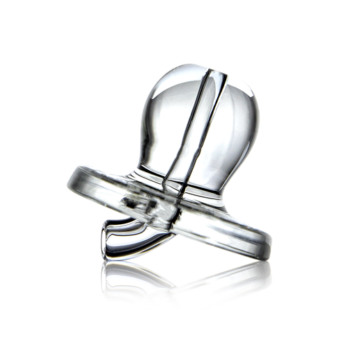 A close-up of the MJ Arsenal Flat Carb Cap, transparent with a flat base, placed on a white surface and reflected below, showcasing clarity similar to quartz nails.