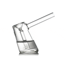A clear borosilicate glass cup, inspired by the MJ Arsenal Fulcrum Bubbler and featuring a tilted base and built-in straw, rotates to showcase its distinctive angled design.