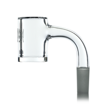 The MJ Arsenal Premium Full Weld Clear Quartz Banger features a rounded arm, 10mm male joint, frosted base, and maximized airflow for dab rigs. Shown against a white background.