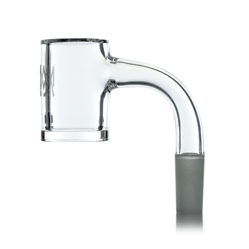 The MJ Arsenal Premium Full Weld Clear Quartz Banger features a rounded arm, 10mm male joint, frosted base, and maximized airflow for dab rigs. Shown against a white background.