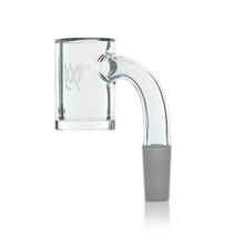 The MJ Arsenal Premium Full Weld Clear Quartz Banger features maximum airflow, a cylindrical bucket, angled neck, 10mm male frosted joint, and a small engraved logo on the side, shown isolated on a white background.