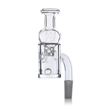 The MJ Arsenal Premium Full Weld Clear Quartz Banger, with a 10mm male joint, cylindrical chamber, curved arm, and etched logo designs for optimal airflow, is shown against a white background.