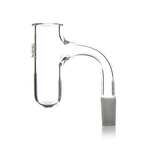 The MJ Arsenal Premium Full Weld Cold Start Quartz Banger (Drip) is a clear, cylindrical quartz banger with a bent neck and frosted joint, perfect for pure dabbing with your favorite dab rig or water pipe.