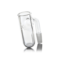 The MJ Arsenal Premium Full Weld Cold Start Quartz Banger (Drip) is a clear glass attachment with a cylindrical chamber, bent neck, and etched logo, shown on a white background—ideal for pure quartz dabbing.