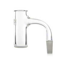 The MJ Arsenal Premium Full Weld Cold Start Quartz Banger (Opaque) has a cylindrical chamber, angled neck for max airflow, and a frosted 10mm male joint for a secure fit. Product shown on a plain white background.