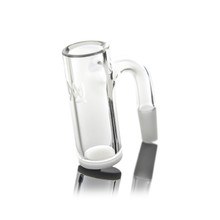The MJ Arsenal Premium Full Weld Cold Start Quartz Banger (Opaque) features a cylindrical chamber, 10mm male joint, and angled design for optimal airflow, shown on a white background with a subtle reflection underneath.