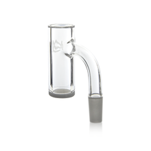 The MJ Arsenal Premium Full Weld Cold Start Quartz Banger (Opaque) features a cylindrical clear glass chamber, bent neck, frosted 10mm male joint, etched logo on white background, and is designed for optimal airflow with your dab rig.