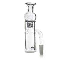The MJ Arsenal Premium Full Weld Cold Start Quartz Banger (Opaque) features a clear glass build with a cylindrical chamber, curved arm, 10mm male joint, frosted connector, and etched front logo. Made from durable premium full weld quartz.