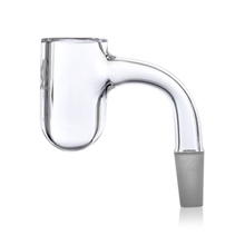 The MJ Arsenal Premium Full Weld Drip Quartz Banger features clear premium quartz, a bucket-shaped chamber, 10mm male joint for optimal airflow, and a frosted connector—all showcased against a white background.