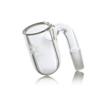 The MJ Arsenal Premium Full Weld Drip Quartz Banger features clear glass, a curved neck, frosted 10mm male joint, and a white engraved side logo. Made from premium full weld quartz for max airflow. Photographed on a white background.