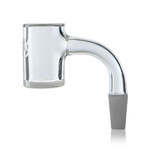 The MJ Arsenal Premium Full Weld Opaque Quartz Banger features premium quartz, a cylindrical chamber, bent neck, and frosted 10mm male joint at the base, set against a white background.