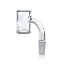 The MJ Arsenal Premium Full Weld Opaque Quartz Banger features a cylindrical chamber, flat top, angled neck, 10mm male joint, frosted connection, and a subtle side logo—perfect for enhancing your dab rig or water pipe.