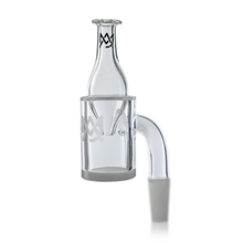 The MJ Arsenal Premium Full Weld Opaque Quartz Banger features a clear glass body with a cylindrical base, angled neck, etched logo, and 10mm male joint. Crafted from premium quartz, its upper section resembles a small bottle. Shown on a white background.