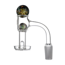A clear glass dab rig attachment with a curved neck, flat base, and decorative marble featuring colorful swirls—ideal for use with the MJ Arsenal Full Weld Quartz Terp Slurper or your favorite Mini Rigs.