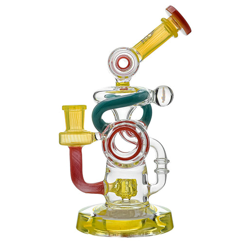 The Calibear Loopsicle Recycler Dab Rig is a colorful borosilicate glass water pipe with yellow, red, and green accents, featuring a multi-loop recycler design and multiple chambers. Shown against a white background.