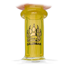 Close-up of the Calibear Loopsicle Recycler Dab Rig, made from yellow borosilicate glass with a black bear paw print and CALIBEAR logo—ideal for fans of unique recycler designs.