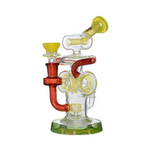 The Calibear Loopsicle Recycler Dab Rig is a colorful borosilicate glass piece with yellow, red, and clear sections, intricate twisting tubes in a multi-loop recycler design, and a sturdy round base, shown on a white background.