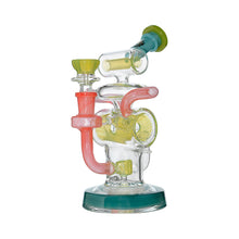 The Calibear Loopsicle Recycler Dab Rig is a colorful borosilicate glass water pipe with pink, green, and yellow accents, intricate curves, a sturdy green base, and a multi-loop recycler design for smoother smoking.