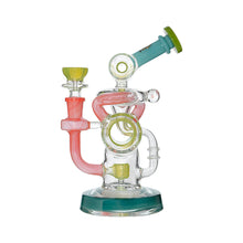 The Calibear Loopsicle Recycler Dab Rig is a colorful borosilicate glass water pipe with a teal mouthpiece, pink tubing, and green accents, designed as a multi-loop recycler for smooth, efficient filtration.
