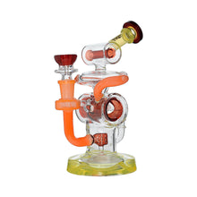 The Calibear Loopsicle Recycler Dab Rig is a vibrant borosilicate glass water pipe with orange, red, and yellow accents. Its multi-loop design features multiple chambers and curved tubes, creating an intricate display against a white background.