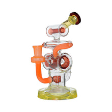 The Calibear Loopsicle Recycler Dab Rig is made from durable borosilicate glass with intricate orange and red accents. Its multi-loop design features multiple chambers and a wide yellow-tinted base for a striking, modern appearance.
