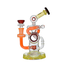 The Calibear Loopsicle Recycler Dab Rig is a colorful borosilicate glass piece with intricate orange, yellow, and clear loops and tubes, red accents, and a wide yellow base, shown on a white background.