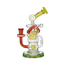 The Calibear Twister Sweet Recycler Dab Rig is a colorful glass water pipe with green, yellow, and red accents, featuring an intricate twisting design and dual percolator chambers, shown on a white background.