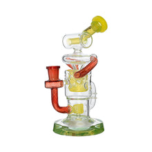 The Calibear Twister Sweet Recycler Dab Rig features yellow, red, and clear accents, dual percolator chambers, an ergonomic design, and stands upright on a round base with an intricate appearance.