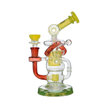 The Calibear Twister Sweet Recycler Dab Rig features red, yellow, and green glass accents, an ergonomic multi-chamber design with curved tubes, and is displayed on a white background.