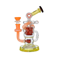 The Calibear Twister Sweet Recycler Dab Rig features orange, yellow, and clear glass with intricate tubing, a sturdy base, and an ergonomic design for smooth, efficient smoking or vaporizing.