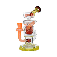 The Calibear Twister Sweet Recycler Dab Rig features orange, yellow, and clear glass with curved tubes and a cylindrical base, offering an ergonomic design for a comfortable smoking experience.