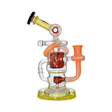 The Calibear Twister Sweet Recycler Dab Rig features orange, yellow, and red accents with intricate tubing and a cylindrical chamber. It stands upright on a clear round base, displayed against a white background.