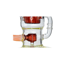 Close-up of the Calibear Twister Sweet Recycler Dab Rig, showcasing its ergonomic design and intricate red and clear details with a chamber, handle, and angled joint, set against a white background.