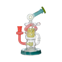 The Calibear Twister Sweet Recycler Dab Rig is a colorful glass water pipe with an ergonomic design, featuring green, pink, and clear bends and loops. It stands upright on a round green base against a white background.