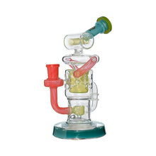 The Calibear Twister Sweet Recycler Dab Rig showcases a teal base, yellow and teal accents, plus red-pink details on the neck and side tube in an ergonomic design, pictured upright against a white background.