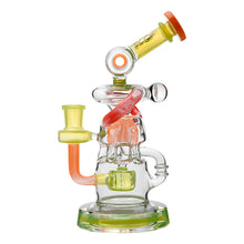 The Calibear Gusher Recycler Dual Percolator Dab Rig is a clear glass rig with orange, yellow, and green accents, featuring a curved mouthpiece and advanced dual percolators for smooth hits.