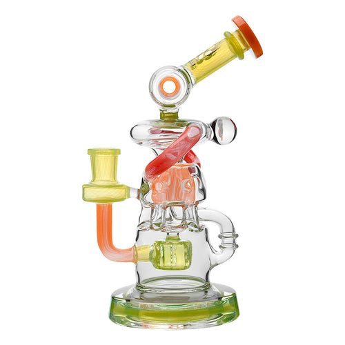 The Calibear Gusher Recycler Dual Percolator Dab Rig is a clear glass rig with orange, yellow, and green accents, featuring a curved mouthpiece and advanced dual percolators for smooth hits.